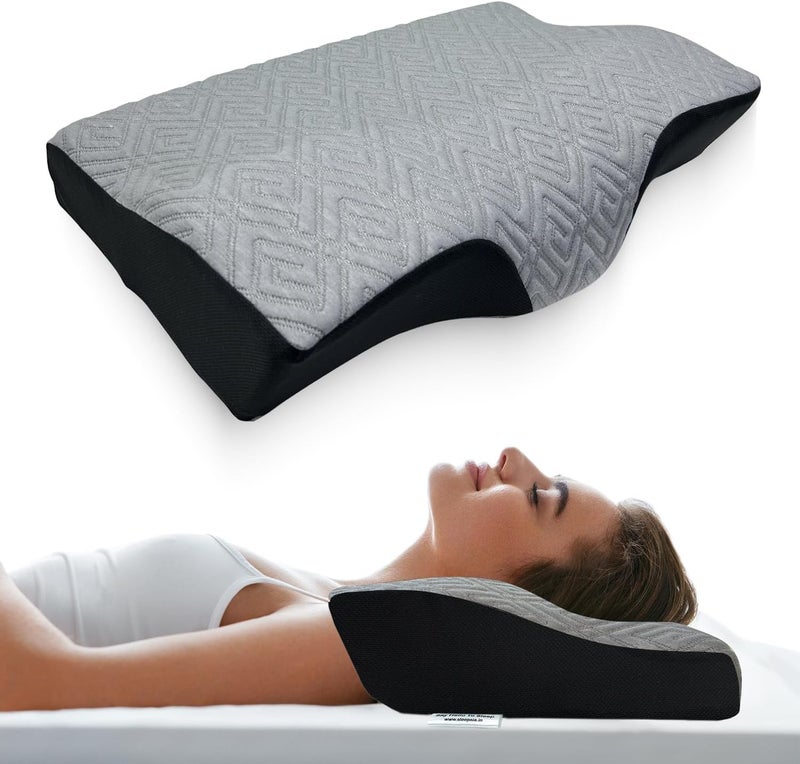 Sleepsia وسادة من الرغوة الذاكرة | وسادة مخصصة لدعم العمود الفقري العنقي لتخفيف آلام الرقبة والكتفين | وسادة طبية توفر دعمًا إضافيًا للرقبة لمن ينامون على الجانب أو الظهر (لون أبيض/أسود) - Image 1