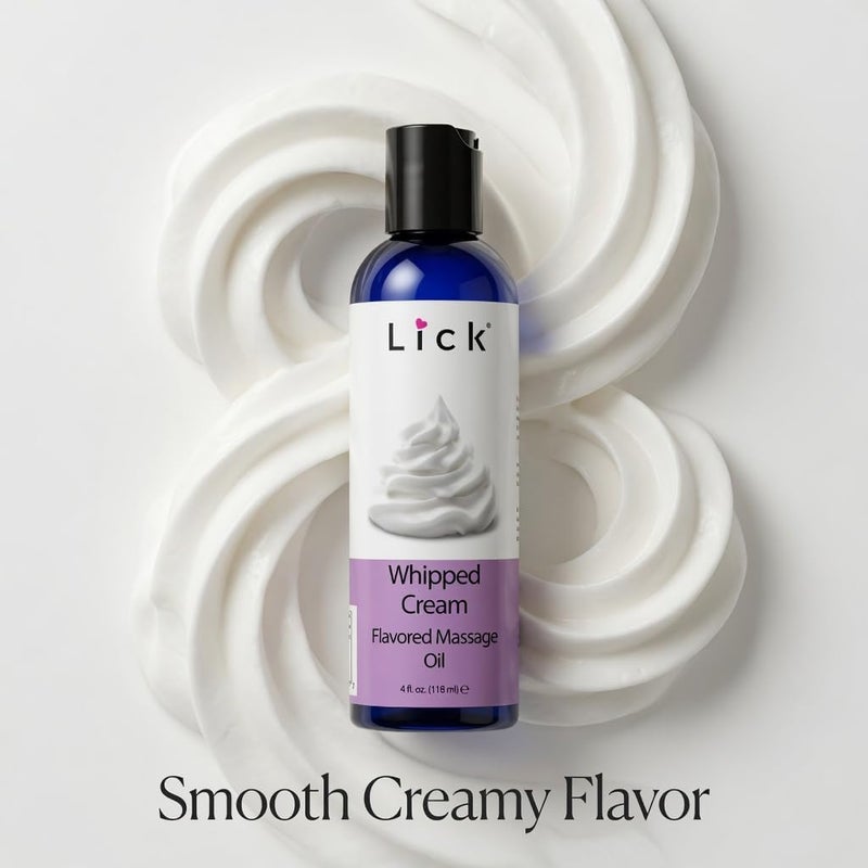ليك زيت تدليك بنكهة كريمة مخفوقة من LICK للأزواج – لوشن تدليك صالح للأكل يحتوي على فيتامين E وزيت اللوز الحلو وزيت جوز الهند، غير لزج ولطيف على البشرة، طبيعي ومريح ونباتي (4 أونصات) - Image 1