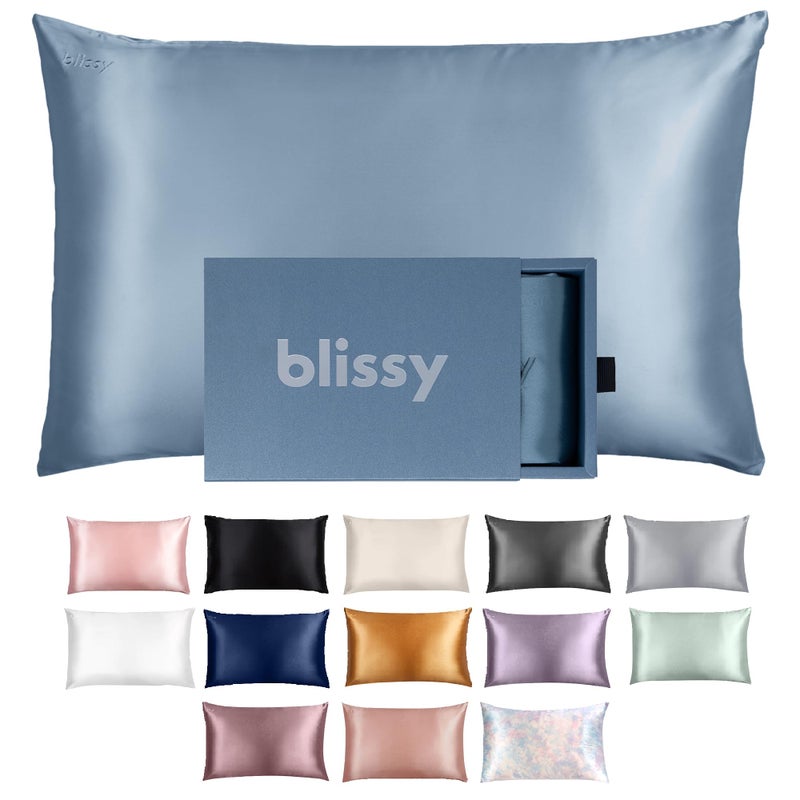 Blissy Silk Pillowcase - 100% Pure Mulberry Silk - 22 Momme 6A High-Grade Fibers - Silk Pillow Cover for Hair & Skin - Regular, Queen & King (Ash Blue, Queen) - Image 1