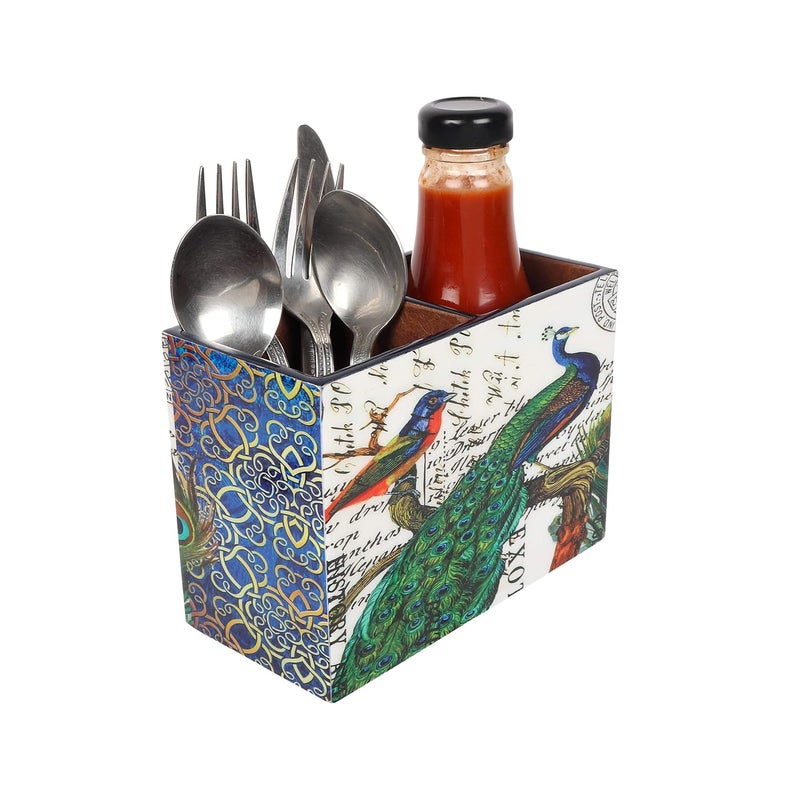 BeFunky BeFunky Designer MDF Wooden Cutlery StandHolder Organizer for Dining Table Kitchen Peacock Design with Special Enamel Coating  - Image 1