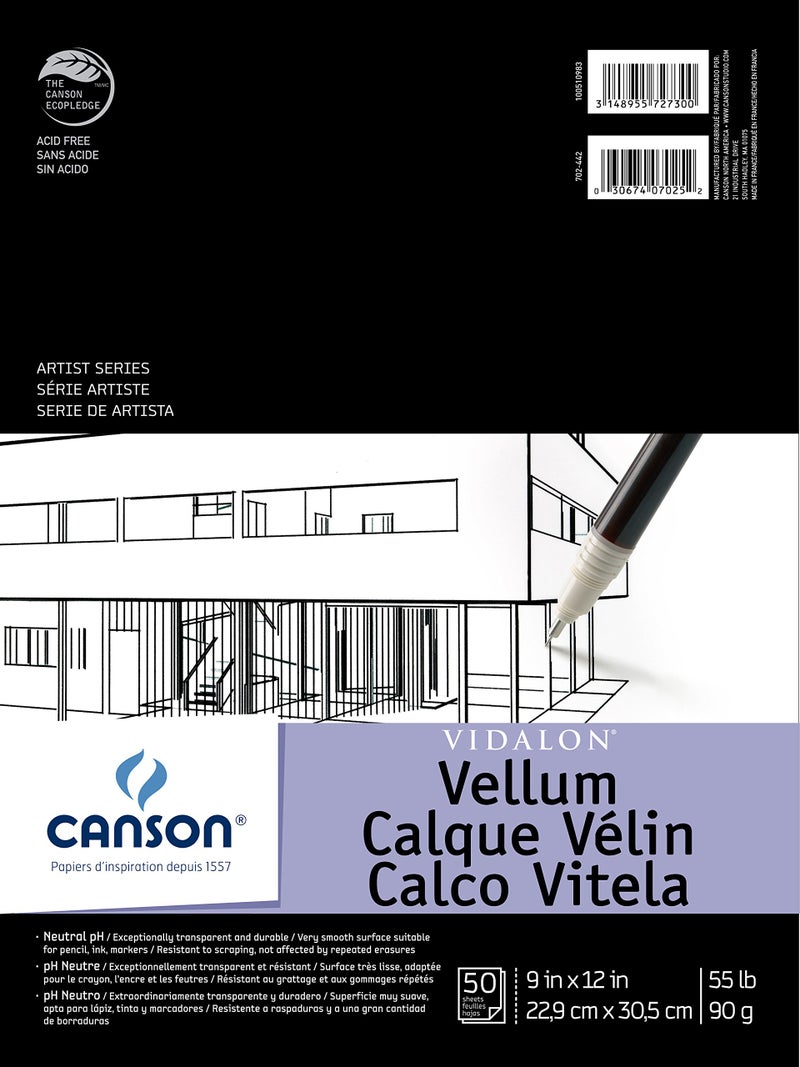 Canson Artist Series Vidalon Vellum Paper, Foldover Pad, 9x12 inches, 50 Sheets (55lb/90g) - Artist Paper for Adults and Students - Image 1