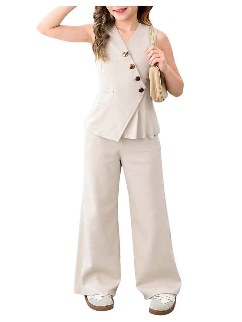 Floerns Girl's 2 Piece Outfit Elegant V Neck Button Up Suit Vest with Wide Leg Pants Set Beige 10Y - Image 1