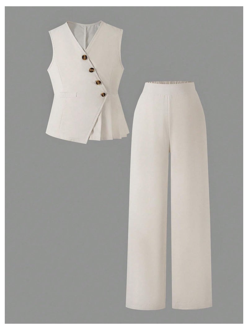 Floerns Girl's 2 Piece Outfit Elegant V Neck Button Up Suit Vest with Wide Leg Pants Set Beige 10Y - Image 3