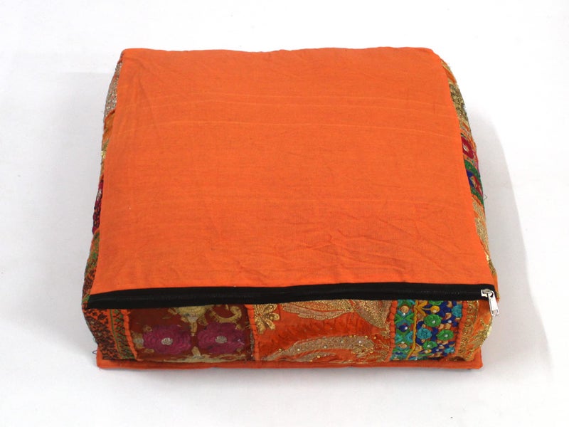 CRAFT KALA Indian Square Patchwork Traditional Pouf Cover Indian Living Room Poufs Decorative Embroidered Designer Ottoman Home Living Footstool Chair Cover Decor Pillow Cover 22x22x5 inches, Orange - Image 4