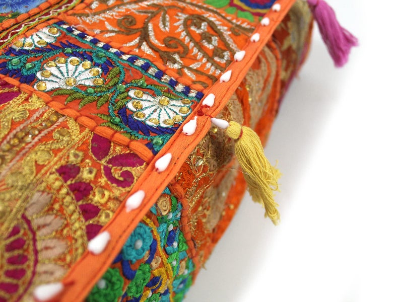CRAFT KALA Indian Square Patchwork Traditional Pouf Cover Indian Living Room Poufs Decorative Embroidered Designer Ottoman Home Living Footstool Chair Cover Decor Pillow Cover 22x22x5 inches, Orange - Image 3