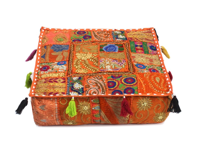 CRAFT KALA Indian Square Patchwork Traditional Pouf Cover Indian Living Room Poufs Decorative Embroidered Designer Ottoman Home Living Footstool Chair Cover Decor Pillow Cover 22x22x5 inches, Orange - Image 1