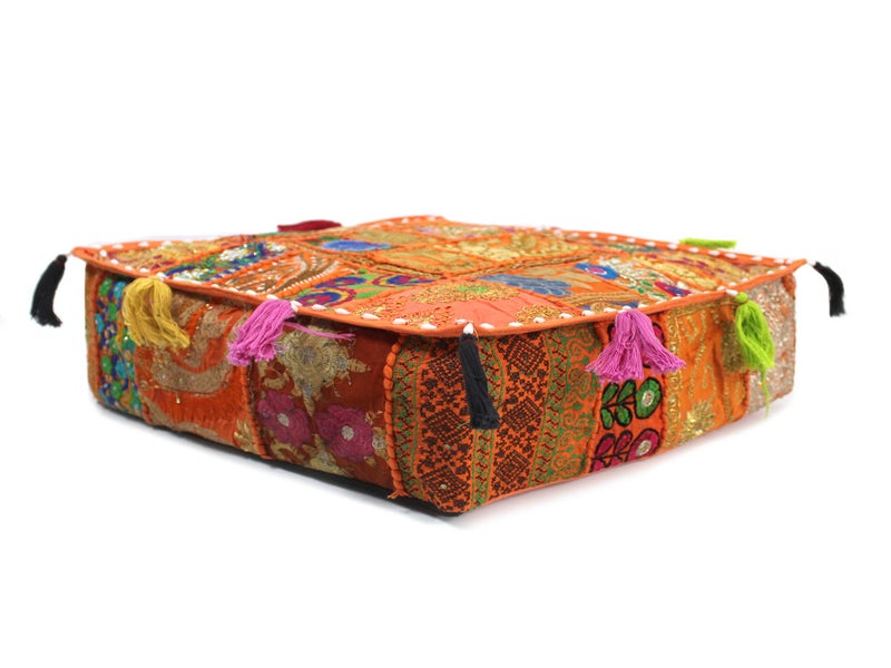 CRAFT KALA Indian Square Patchwork Traditional Pouf Cover Indian Living Room Poufs Decorative Embroidered Designer Ottoman Home Living Footstool Chair Cover Decor Pillow Cover 22x22x5 inches, Orange - Image 2