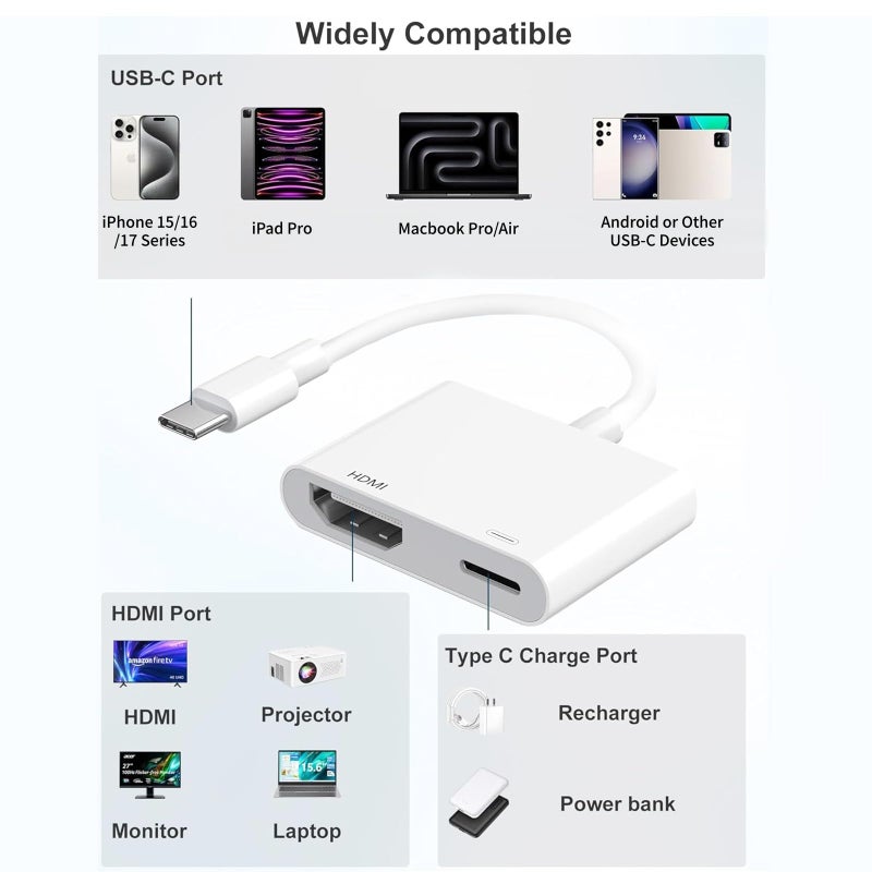 Luonanava USB C to HDMI Adapter for iPhone 17/16/15 to TV, Type C Digital AV HDMI Adapter with 100W Fast Charging & 4K HDMI Port, Compatible with iPhone 15/16/17 /iPad/MacBook/Laptop to HDTV Projector Monitor - Image 2