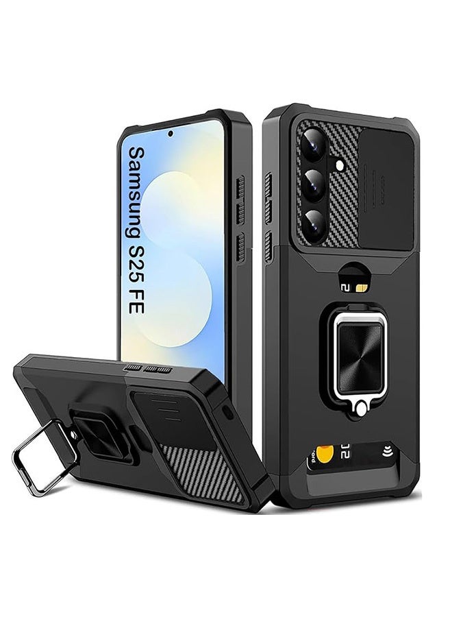 Case For Samsung Galaxy S25 FE with Card Holder and Slide Camera Cover, Anti-Fingerprints, Anti-Fall Drop Protection, Shockproof Case, 360° Rotate Ring Kickstand Magnetic car mount Phone Cover Case for Samsung Galaxy S25 FE（Black） - Image 1