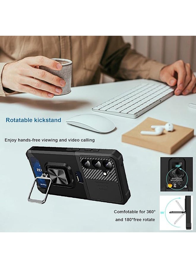 Case For Samsung Galaxy S25 FE with Card Holder and Slide Camera Cover, Anti-Fingerprints, Anti-Fall Drop Protection, Shockproof Case, 360° Rotate Ring Kickstand Magnetic car mount Phone Cover Case for Samsung Galaxy S25 FE（Black） - Image 2