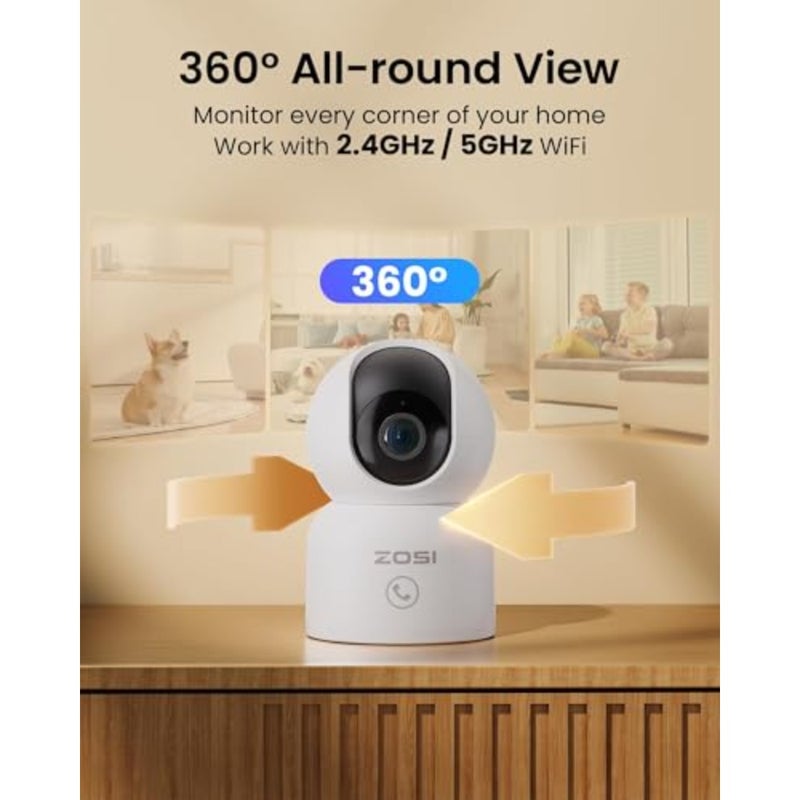كاميرا أمان بدقة 2 ميجابكسل، مراقبة الأطفال/الحيوانات الأليفة بزاوية 360 درجة، كاميرا داخلية قابلة للإمالة وواي فاي مزدوجة النطاق 2.4 جيجا/5 جيجا، مكالمة بلمسة واحدة، اكتشاف ذكي للأشخاص، صوت ثنائي الاتجاه، تخزين سحابي ومحلي، قطعتان C518 - Image 2