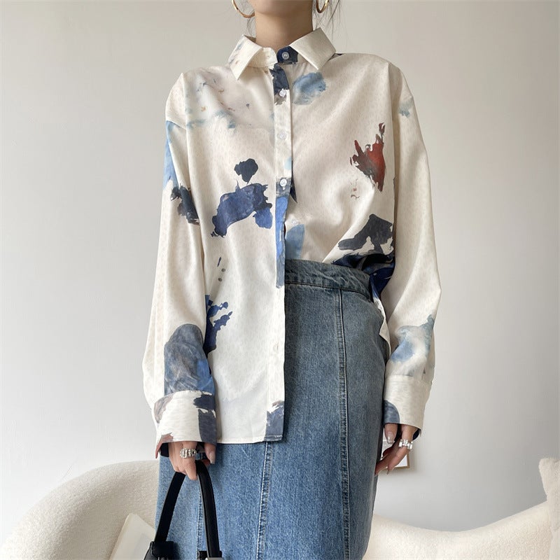 Mengzi Xi Ink Oil Painting Long Sleeve Shirt Womens Spring and Summer Retro Hong Kong Style Loose Design French Shirt X907 Blue