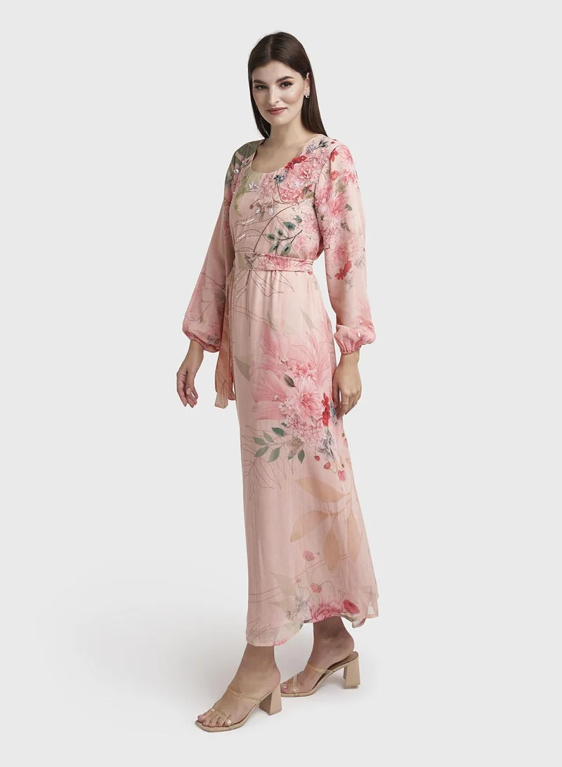 Kashkha  Light Pink Chiffon Floral Print Handwork Dress (VDK382) for Women | Best Price UAE