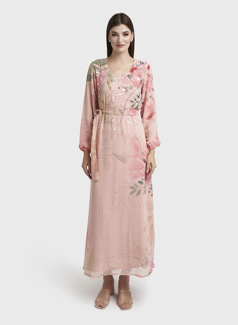Light Pink Chiffon Floral Print Handwork Dress (VDK382)