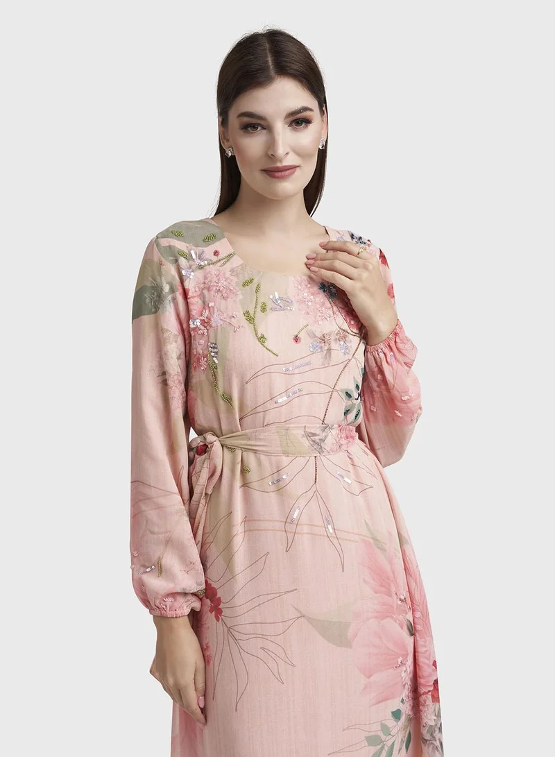 Kashkha  Light Pink Chiffon Floral Print Handwork Dress (VDK382) for Women | Best Price UAE