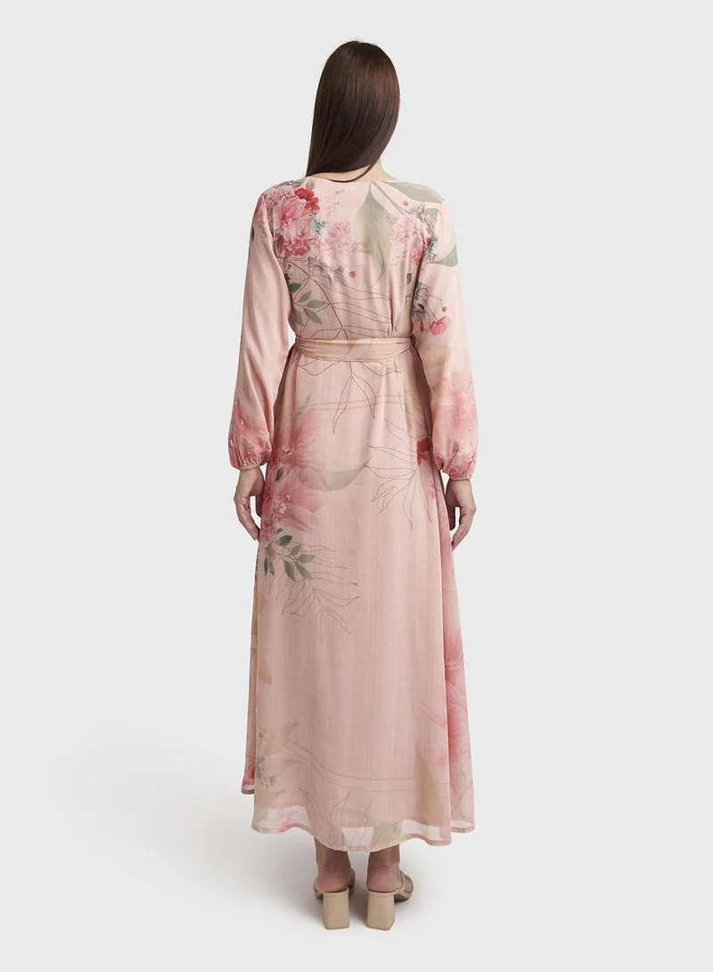 Kashkha  Light Pink Chiffon Floral Print Handwork Dress (VDK382) for Women | Best Price UAE