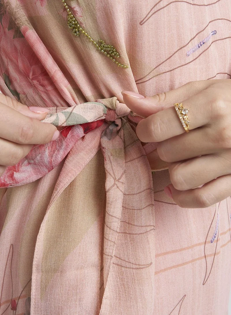 Kashkha  Light Pink Chiffon Floral Print Handwork Dress (VDK382) for Women | Best Price UAE
