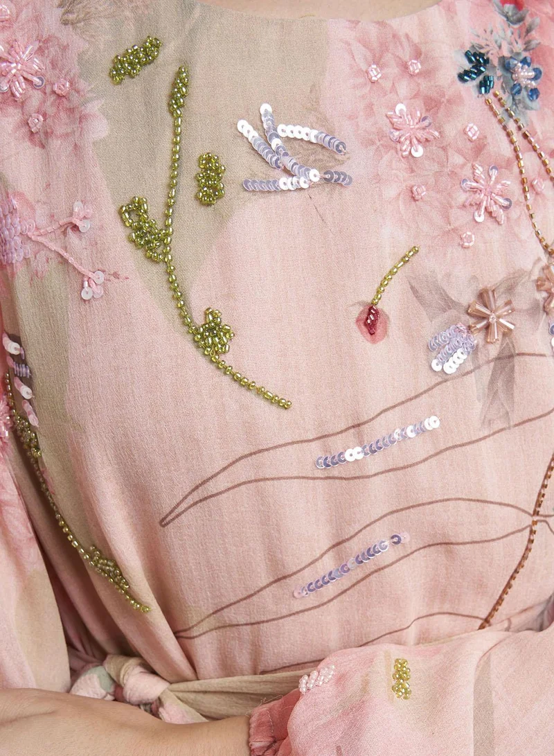 Kashkha  Light Pink Chiffon Floral Print Handwork Dress (VDK382) for Women | Best Price UAE
