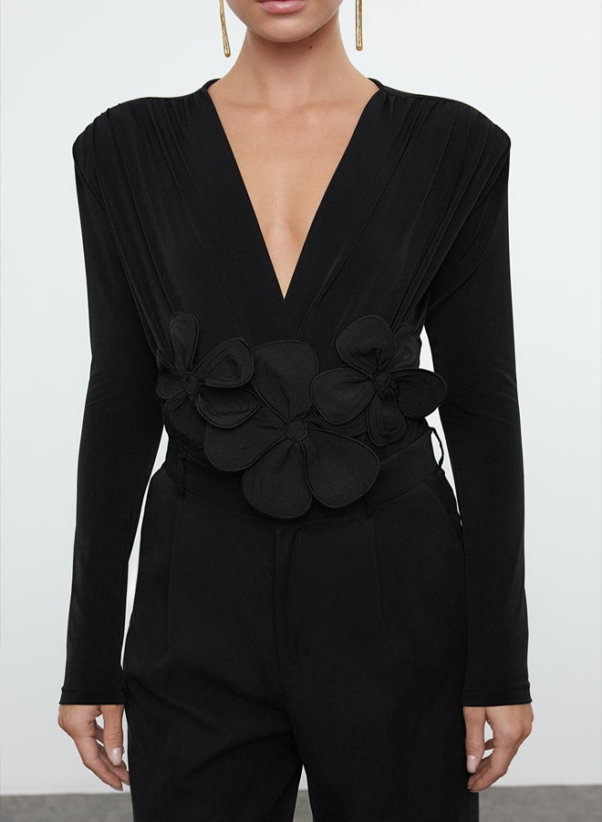 trendyol Black Applique Flower Detailed Snap Knit Bodysuit TPRAW25BD00011 - Image 2