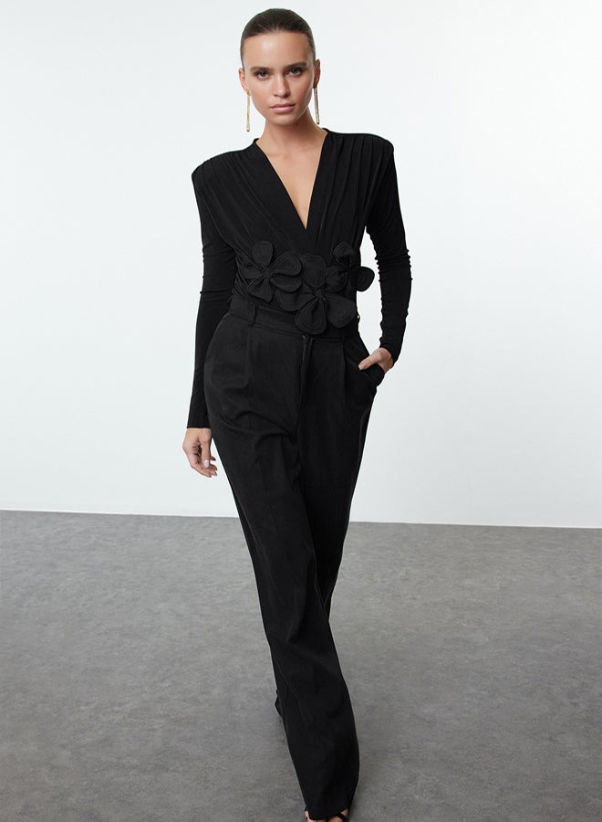 trendyol Black Applique Flower Detailed Snap Knit Bodysuit TPRAW25BD00011 - Image 3