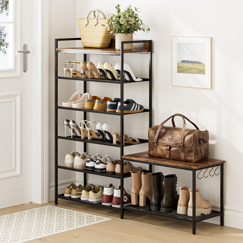 Katrawu Shoe Rack Bench Storage Organizer for entryway,6-Tier Industrial Free Standing Shoe and Boot Racks with Seat,Entrance Shoe Rack Organizer Shelves for High Heels,Hallways, Closets,Brown,48.7in - Image 2