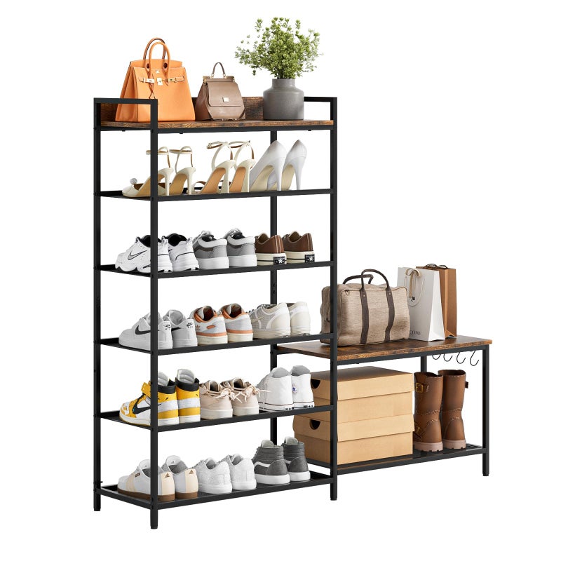 Katrawu Shoe Rack Bench Storage Organizer for entryway,6-Tier Industrial Free Standing Shoe and Boot Racks with Seat,Entrance Shoe Rack Organizer Shelves for High Heels,Hallways, Closets,Brown,48.7in - Image 1