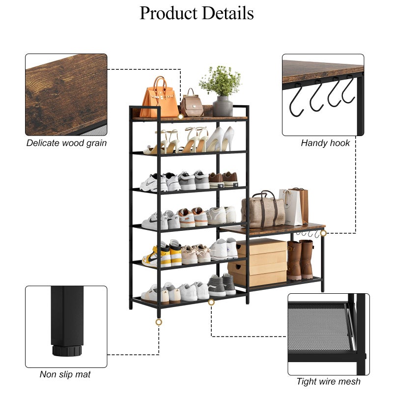 Katrawu Shoe Rack Bench Storage Organizer for entryway,6-Tier Industrial Free Standing Shoe and Boot Racks with Seat,Entrance Shoe Rack Organizer Shelves for High Heels,Hallways, Closets,Brown,48.7in - Image 3