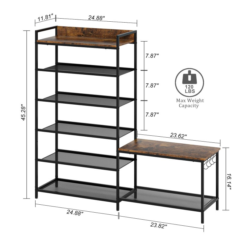 Katrawu Shoe Rack Bench Storage Organizer for entryway,6-Tier Industrial Free Standing Shoe and Boot Racks with Seat,Entrance Shoe Rack Organizer Shelves for High Heels,Hallways, Closets,Brown,48.7in - Image 4