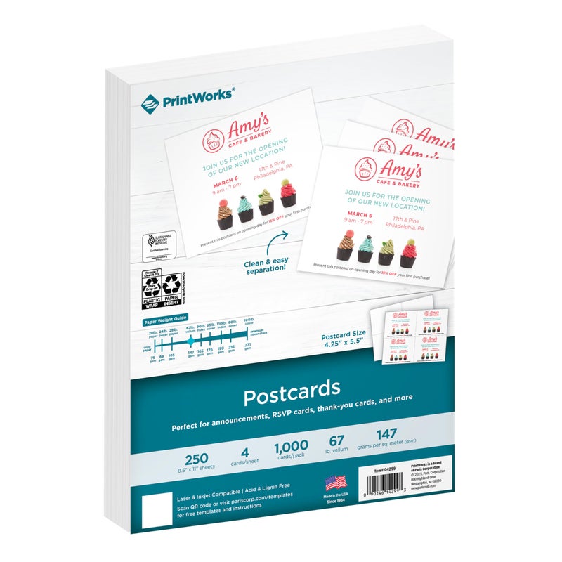 PrintWorks Blank Printable Postcards for Mailing & Printing - 1000 Cards (4.25" x 5.5" Post Card Size) - 4 per Sheet - 250 Sheets (8.5â€ x 11â€) - Made in the USA - No Envelope Needed - White (04299) - Image 1