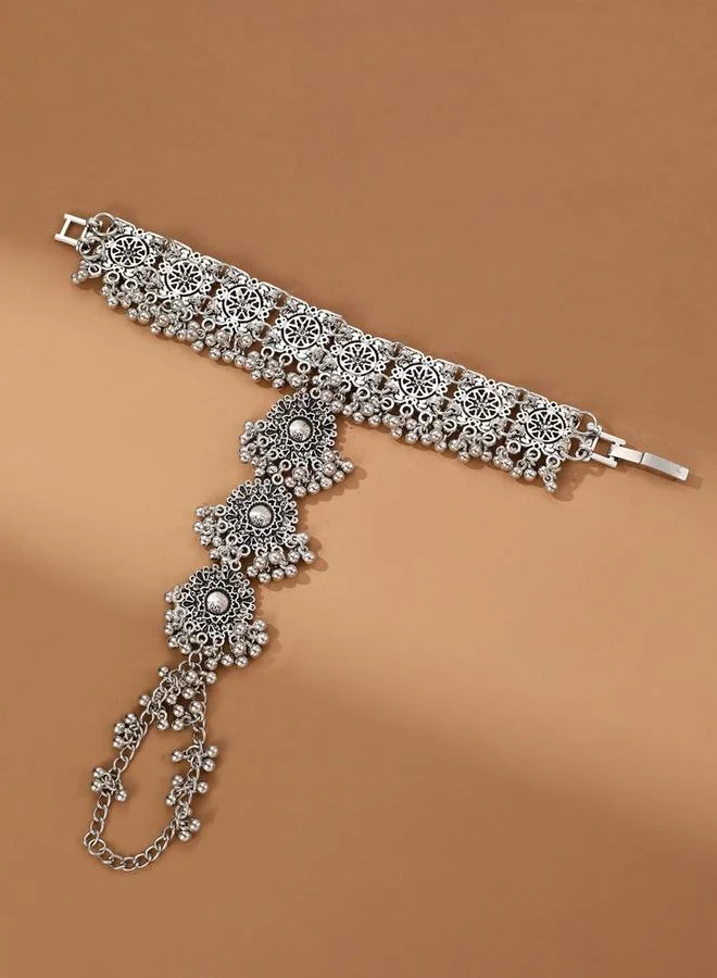 Take Two Take Two Silver Texture Tassel Hand Chain Bracelet