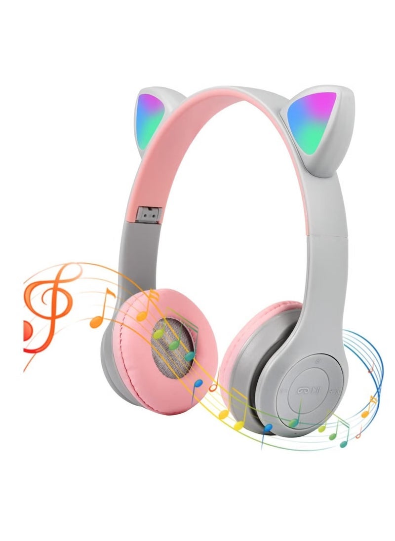 Gravity Bluetooth Wireless Headphones for Kids – Cat Ear LED Light Headphones with Microphone, Over-Ear Stereo Headset, Foldable Design, TF Card/Wired Connectivity, Adjustable Headband – Ideal Gift for Girls and Boys Age 7+ – Grey  - Image 1