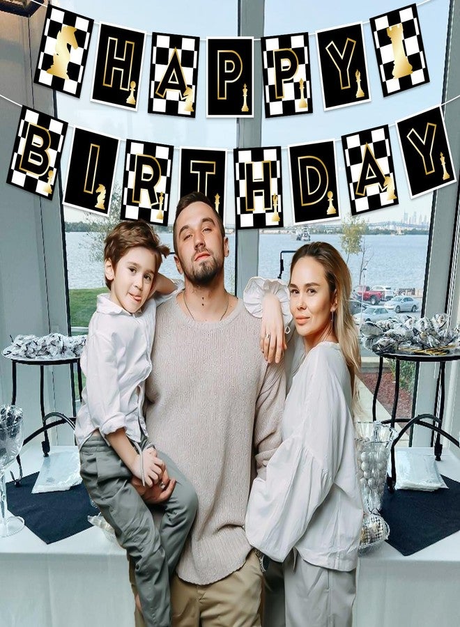 Balterever Chess Happy Birthday Banner - Funny Board Game Party Decorations for Chess Lovers - Checkered Black Decor - Image 3