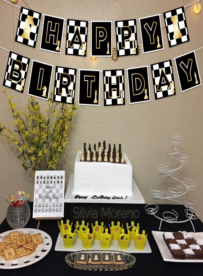 Balterever Chess Happy Birthday Banner - Funny Board Game Party Decorations for Chess Lovers - Checkered Black Decor - Image 2