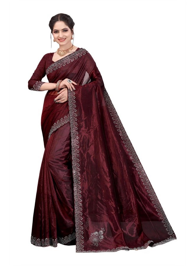KASTBHANJAN HANDWORK Embellished, Embroidered Bollywood Chiffon, Organza Mirror work Saree With heavy border unstitched blouse (Dark Maroon) - Image 1