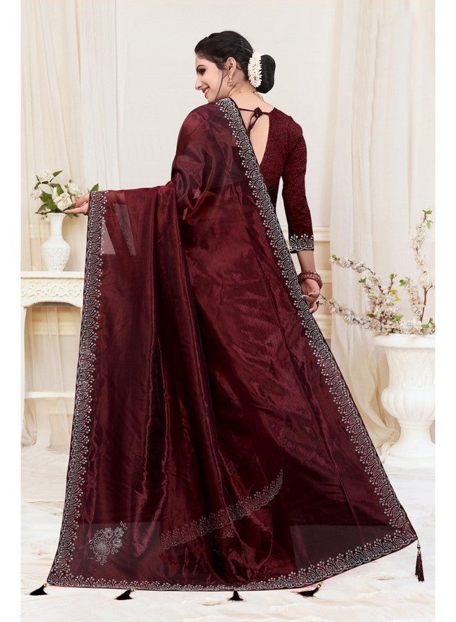 KASTBHANJAN HANDWORK Embellished, Embroidered Bollywood Chiffon, Organza Mirror work Saree With heavy border unstitched blouse (Dark Maroon) - Image 2