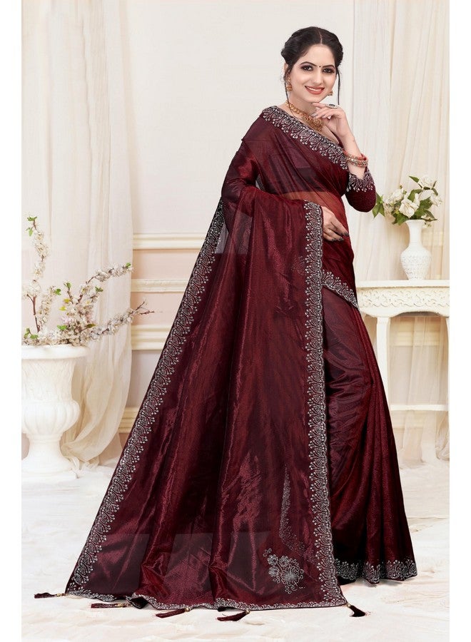 KASTBHANJAN HANDWORK Embellished, Embroidered Bollywood Chiffon, Organza Mirror work Saree With heavy border unstitched blouse (Dark Maroon) - Image 5