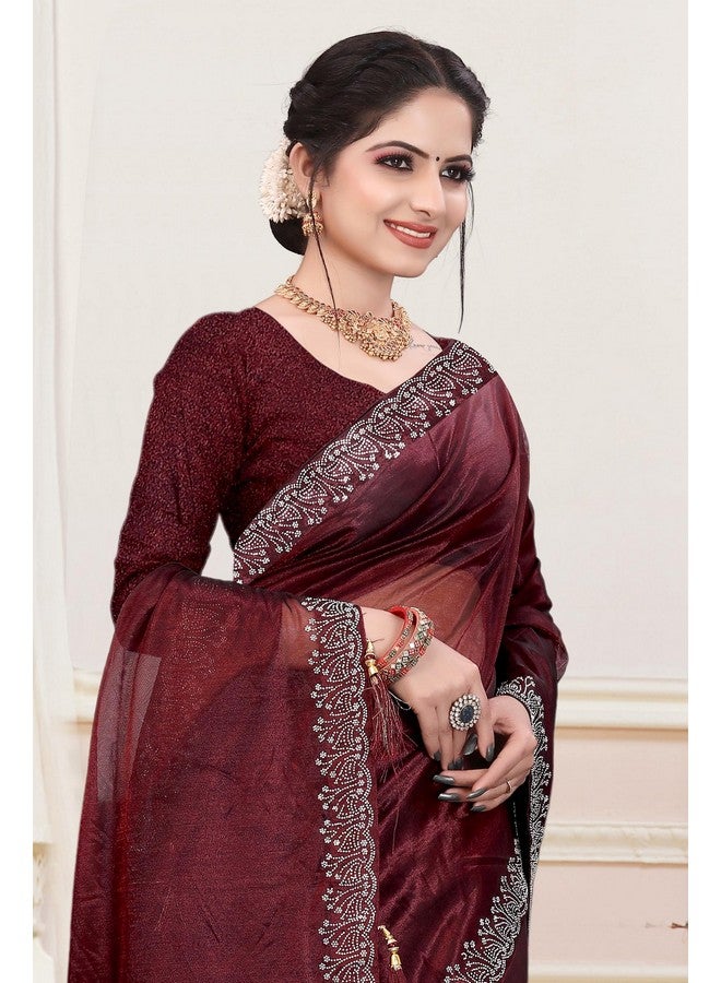 KASTBHANJAN HANDWORK Embellished, Embroidered Bollywood Chiffon, Organza Mirror work Saree With heavy border unstitched blouse (Dark Maroon) - Image 3