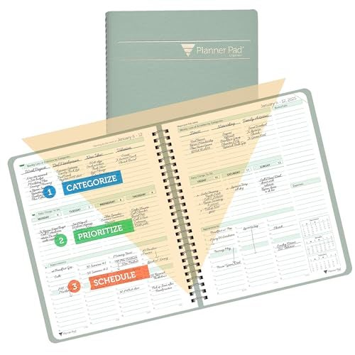 Planner Pad Spiral Bound January-December 2025/ Calendar Year 6 3/4" x 8 1/2" Medium 3-Tier Funnel Down 12 Month Organizer, Greenish Grey Cover/Soft Green Ink - Image 1