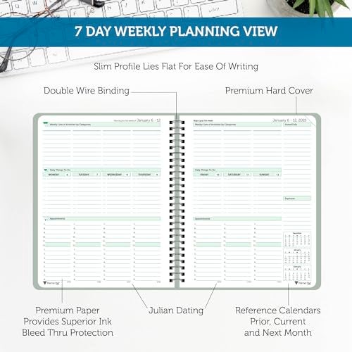 Planner Pad Spiral Bound January-December 2025/ Calendar Year 6 3/4" x 8 1/2" Medium 3-Tier Funnel Down 12 Month Organizer, Greenish Grey Cover/Soft Green Ink - Image 3