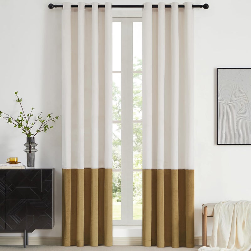 BULBUL Color Block Window Curtains Panels 108 inches Long Cream Ivory Gold Velvet Farmhouse Drapes for Bedroom Living Room Darkening Treatment with Grommet Set of 2