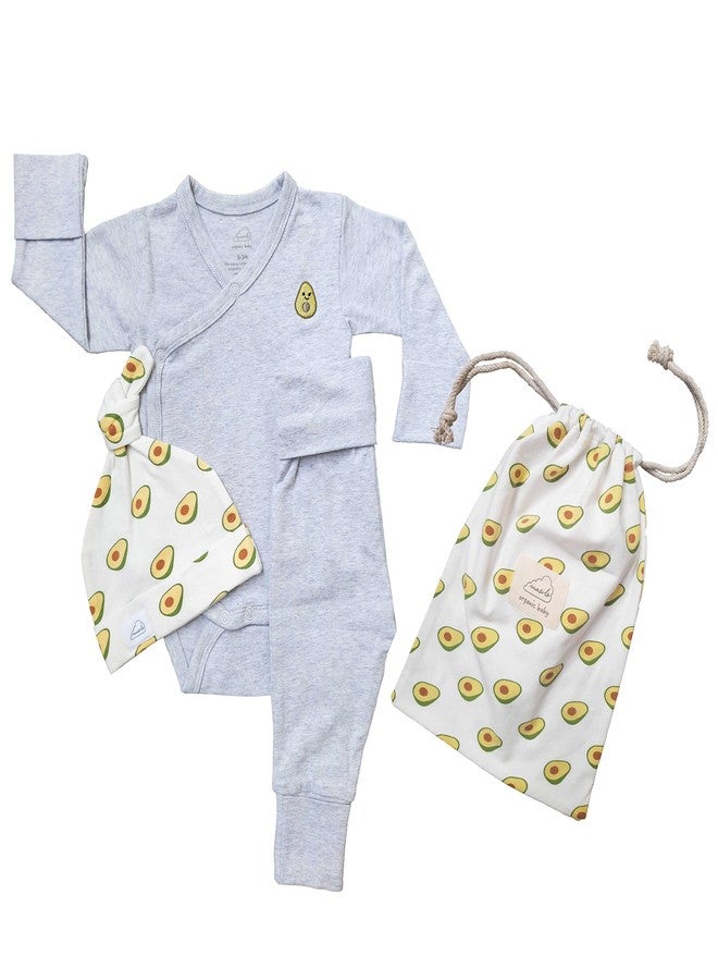 Masilo Organic Cotton Stay cosy Bundle - Top/Pant/Top Knot Cap Unisex, 0-3 Months, Avocado-Grey - Image 1
