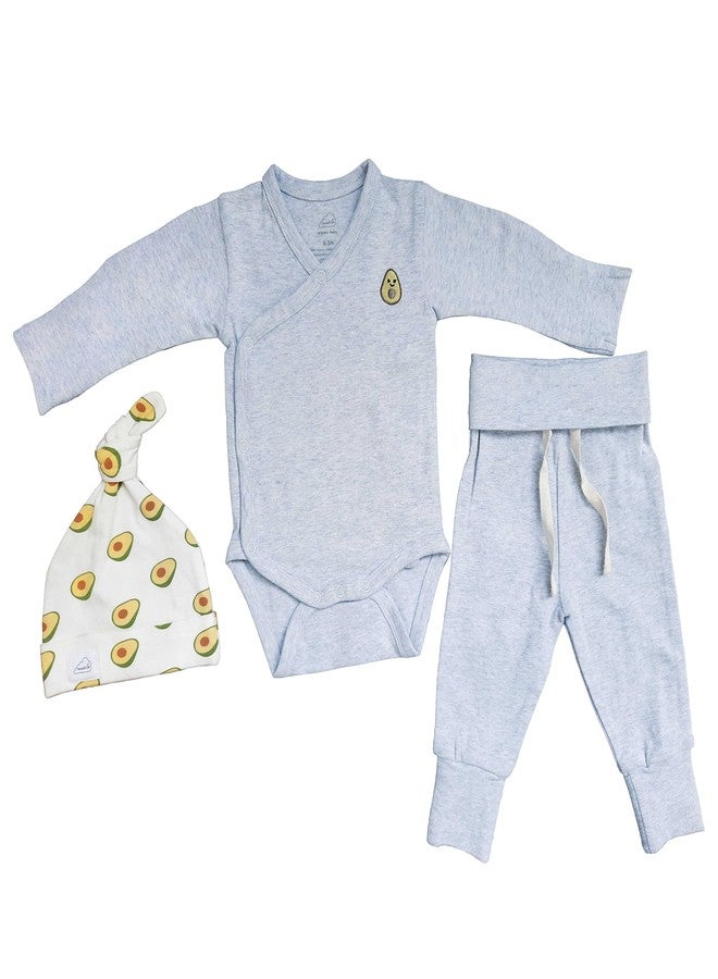 Masilo Organic Cotton Stay cosy Bundle - Top/Pant/Top Knot Cap Unisex, 0-3 Months, Avocado-Grey - Image 2