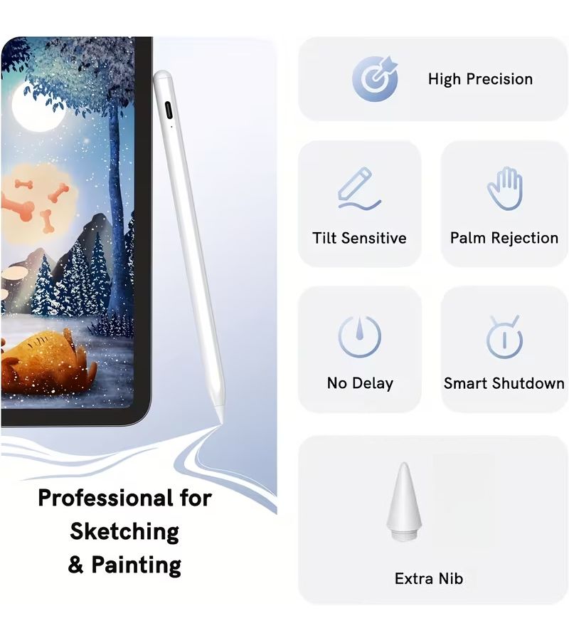 Universal Capacitive Touch Pen Compatible with IOS Android Smartphones and Tablets Tilt Pressure Sensing Anti Accidental Touch Rechargeable High Precision Stylus Smooth Writing Pen Upgraded White - Image 4