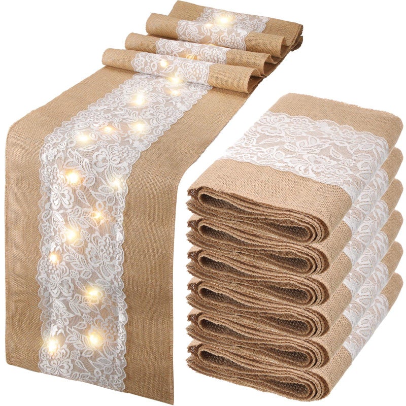Xinnun 6 Pack Burlap Table Runner with LED String Lights Lace Rustic Natural Vintage Boho Jute Runner for Farmhouse Wedding Thanksgiving DecorClassic12x108 Inches