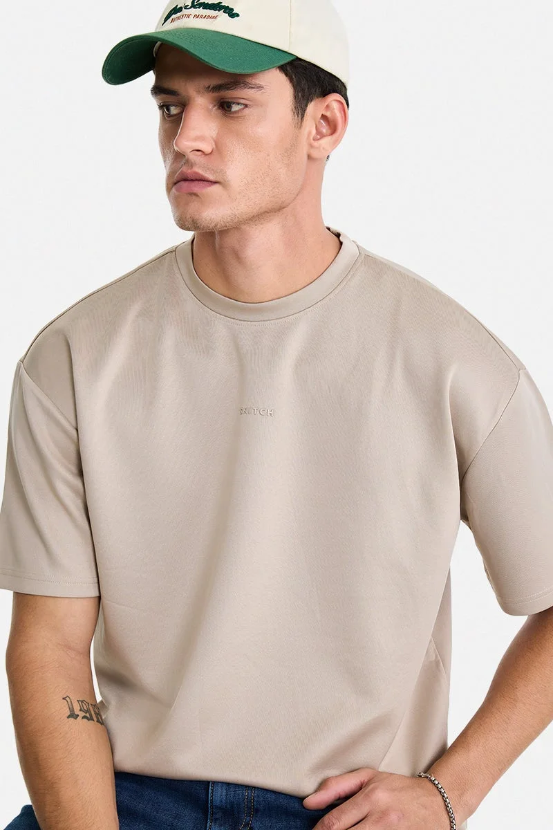 سنيتش Beige Solid Half Sleeve Oversized Streetwear T-Shirt