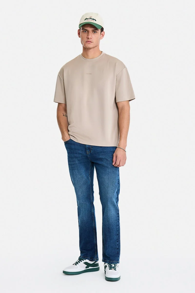 سنيتش Beige Solid Half Sleeve Oversized Streetwear T-Shirt