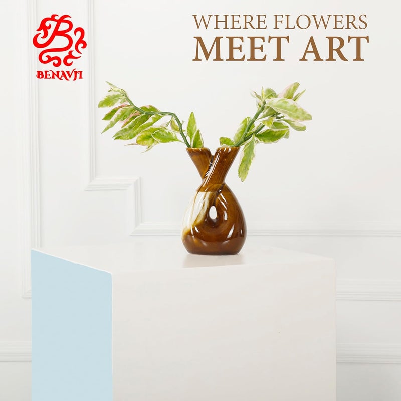 BENAVJI Designer Ceramic Flower vase with Two Opening for Flowers for Home Decoration 6 inch - Image 3
