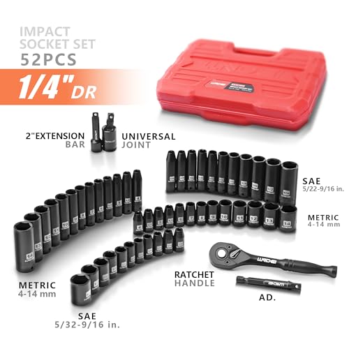 LLNDEI 1/4”Drive Impact Socket Set, 52 PCS Mechanic Tool Set with 72-Tooth Ratchet & Adapter, CR-V, Metric and SAE Sockets Storage Kit for Household Automotive Repair DIY Project - Image 2