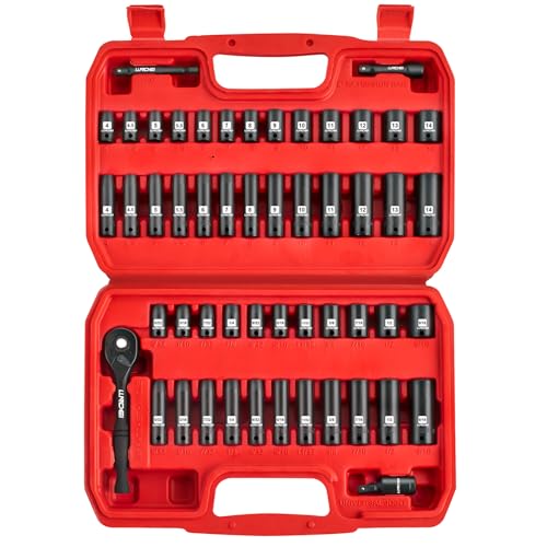 LLNDEI 1/4”Drive Impact Socket Set, 52 PCS Mechanic Tool Set with 72-Tooth Ratchet & Adapter, CR-V, Metric and SAE Sockets Storage Kit for Household Automotive Repair DIY Project - Image 1