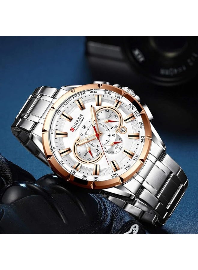 CURREN Quartz Chronograph Analogue silver Men Wrist Watch CR-8363-Silver White - Image 3
